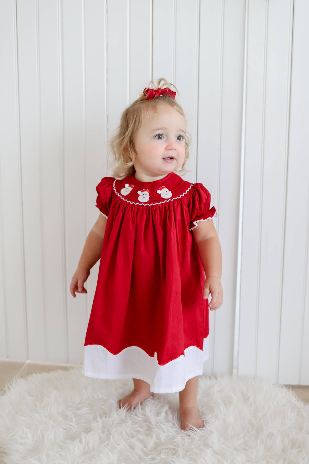 Lil Cactus - Red and White Santa Smocked Bishop Dress
