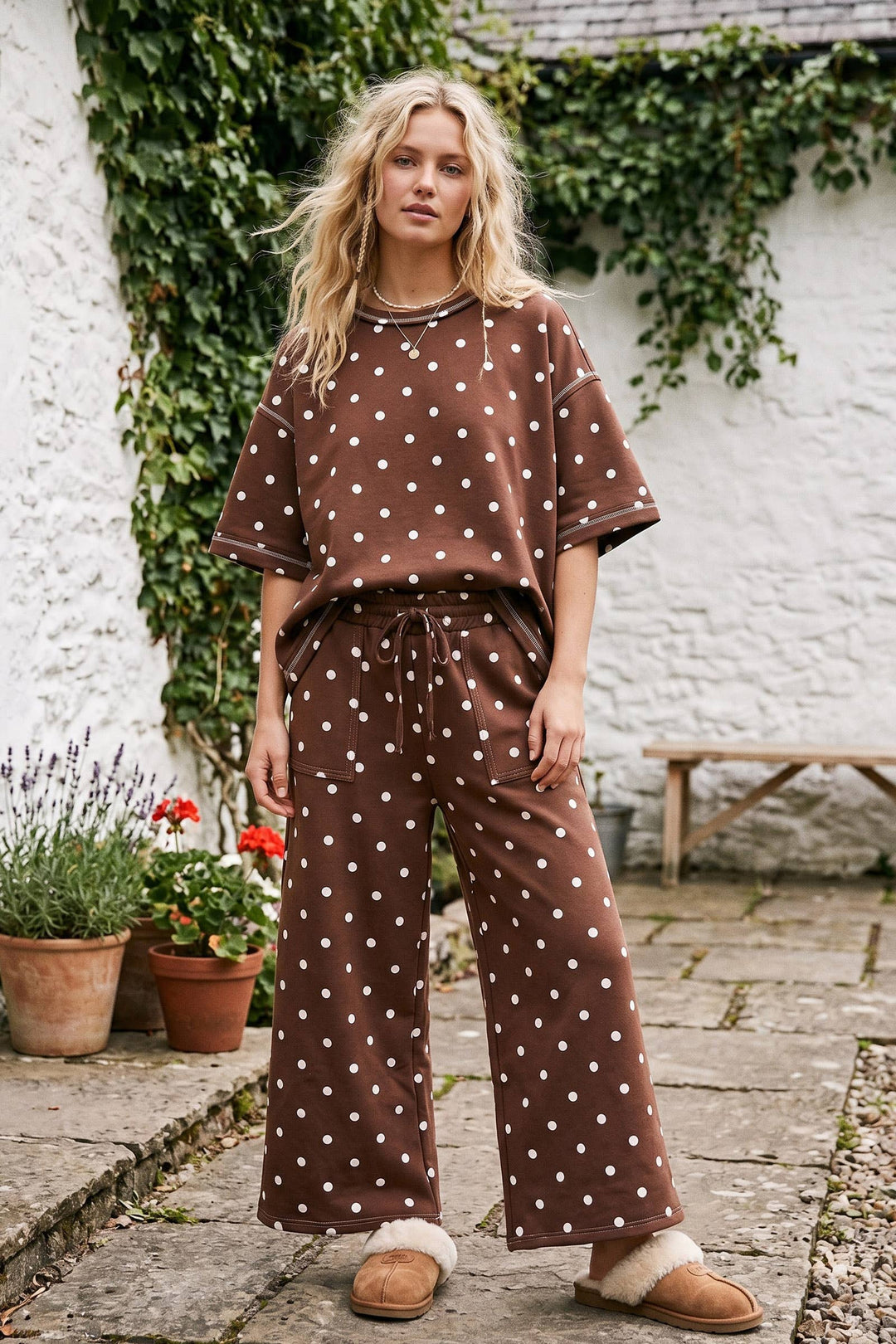 Sewn & Seen-(Original Design) Heavy Scuba Polka Dot Short Sleeve Set-Brown