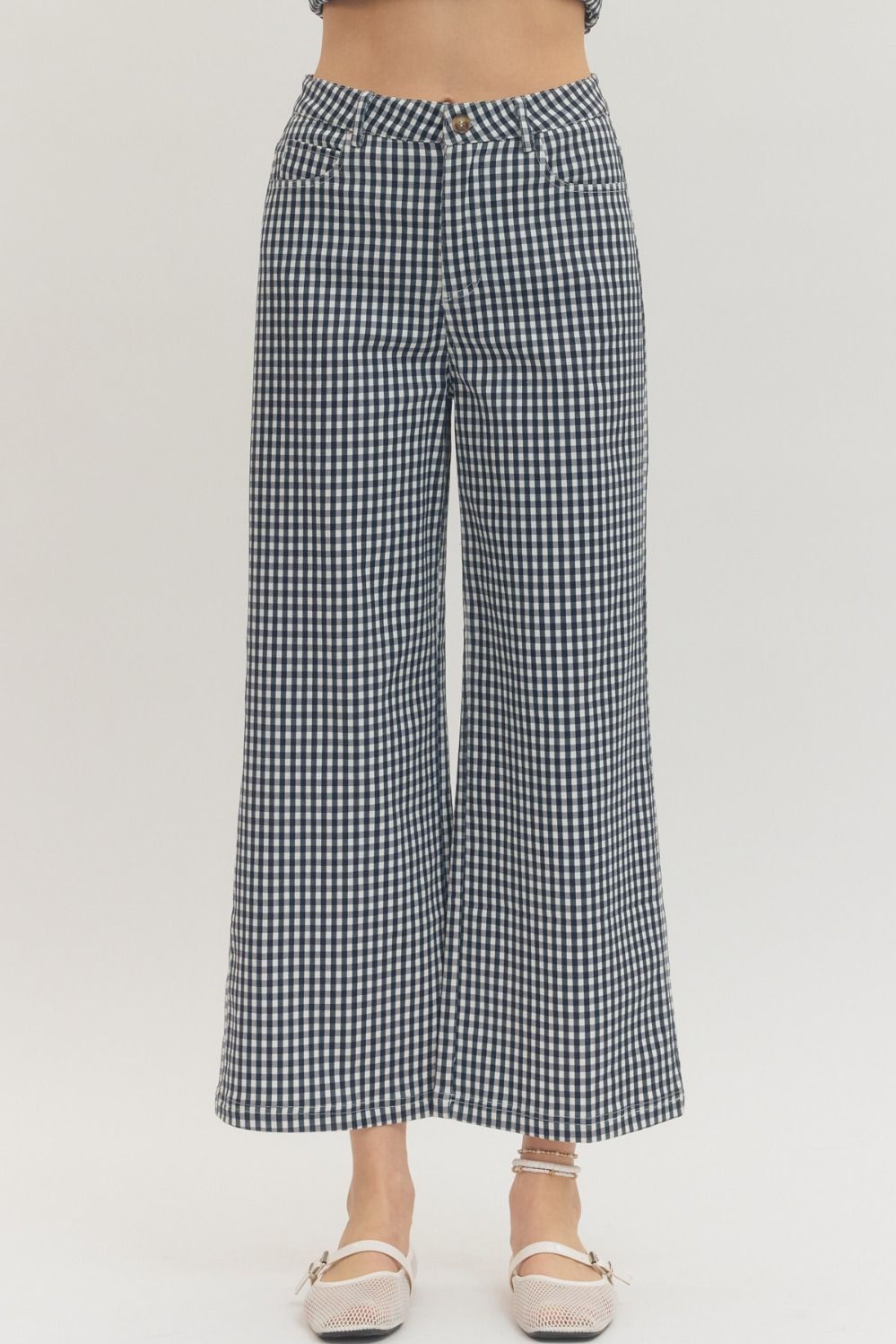 Gingham Pants With A Touch Of Flare- Navy