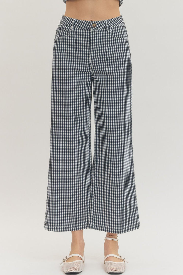 Gingham Pants With A Touch Of Flare- Navy
