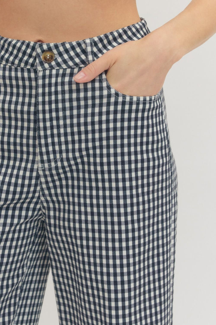 Gingham Pants With A Touch Of Flare- Navy