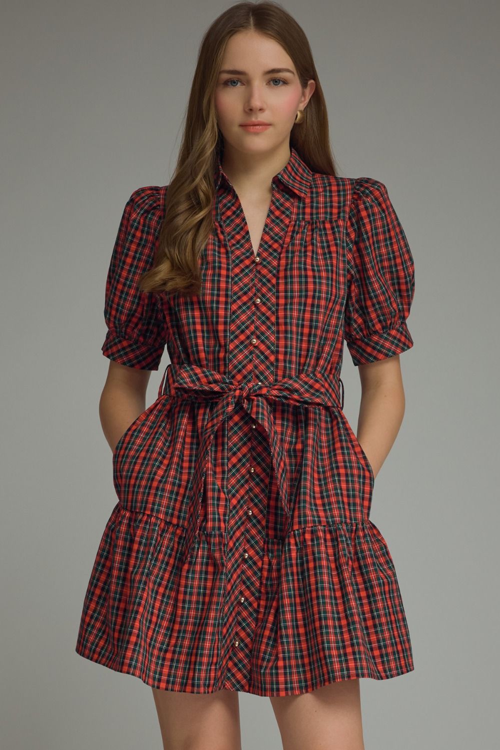 Traditional Christmas Red-and-Green tartan plaid belted shirt dress (LH)