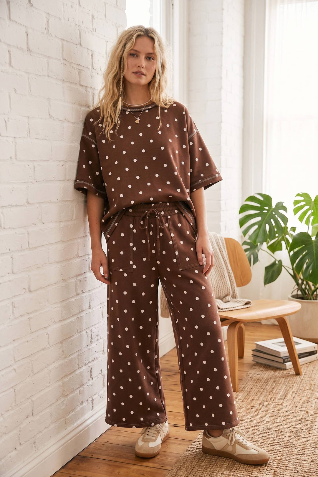 Sewn & Seen-(Original Design) Heavy Scuba Polka Dot Short Sleeve Set-Brown
