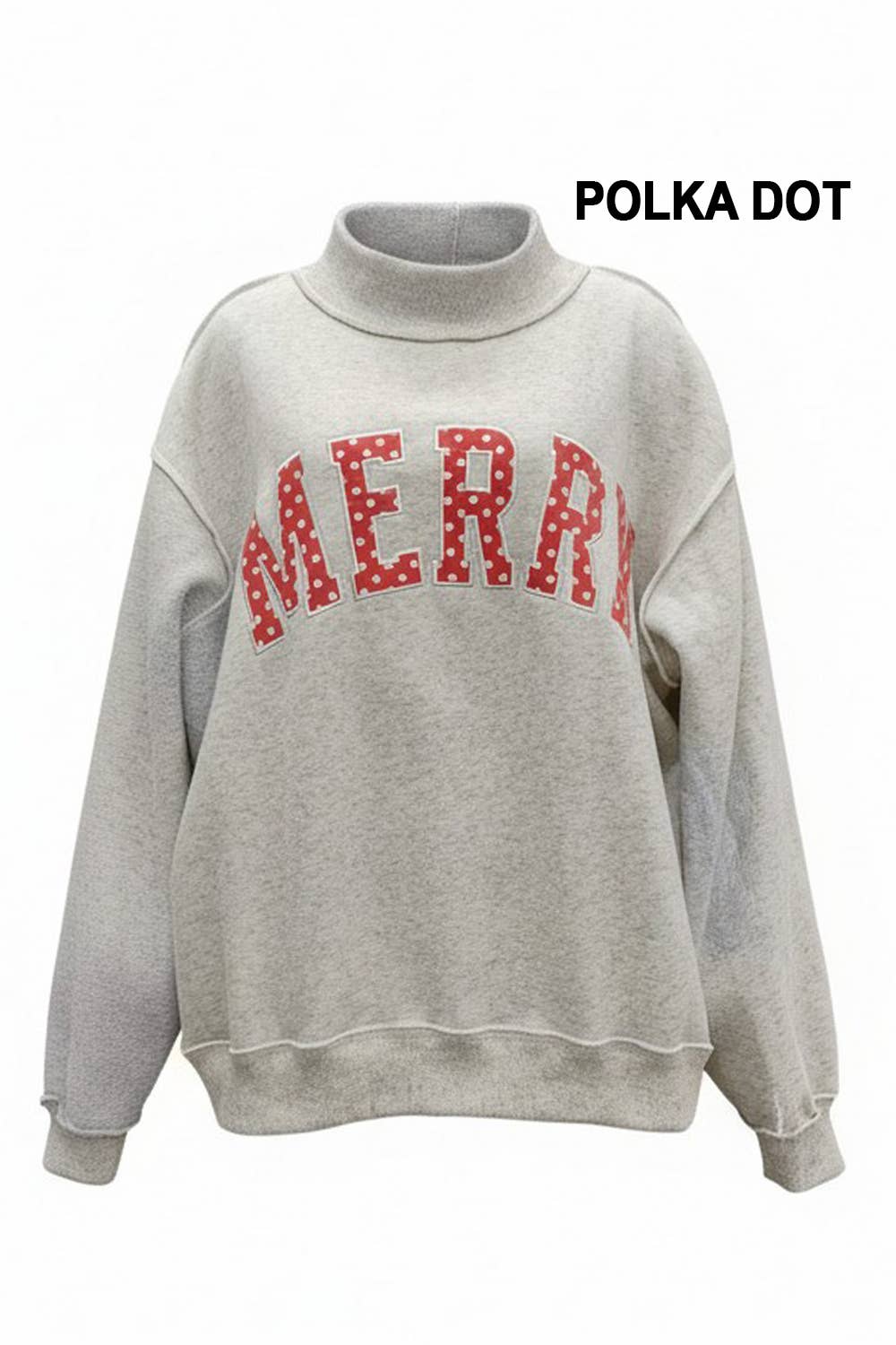 "MERRY" Varsity Mock Neck Sweatshirt: Red Polka  (LH)