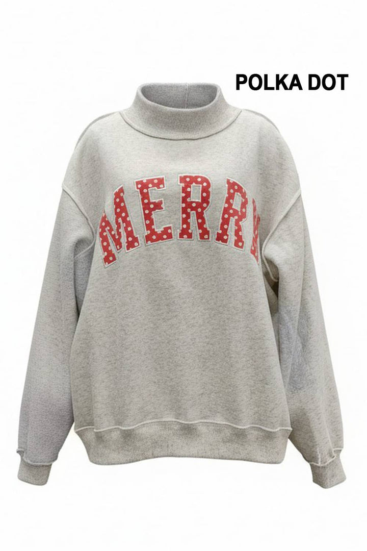 "MERRY" Varsity Mock Neck Sweatshirt: Red Polka  (LH)