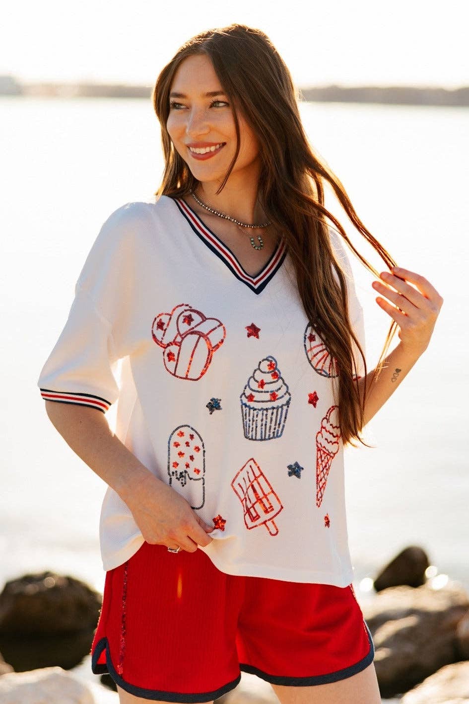 Sequin Americana Elements on V-Neck Top