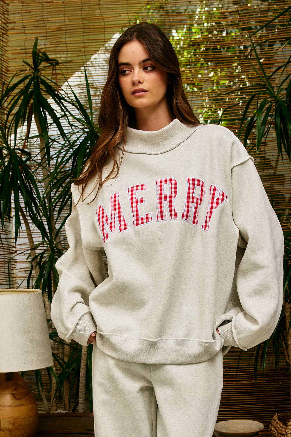 "MERRY" Varsity Mock Neck Sweatshirt: Red Polka  (LH)