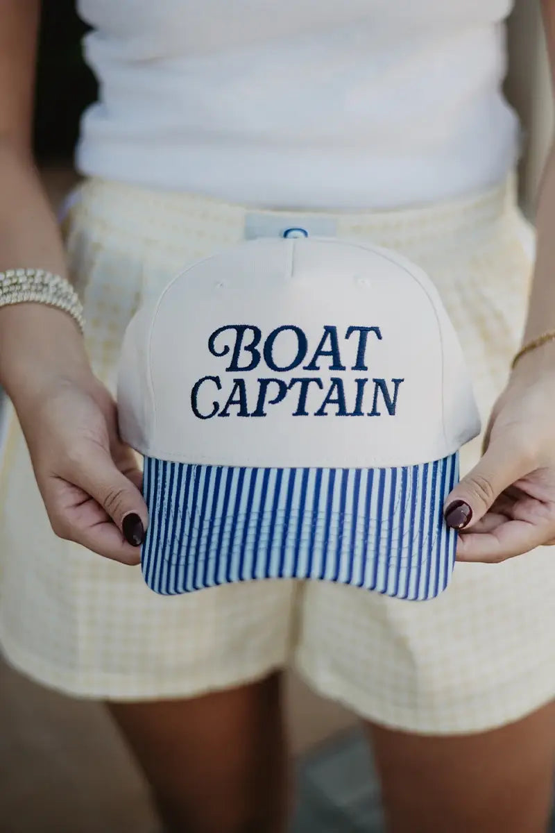 Boat Captain Two-Toned Retro Hat: Light Blue and Navy Stripe