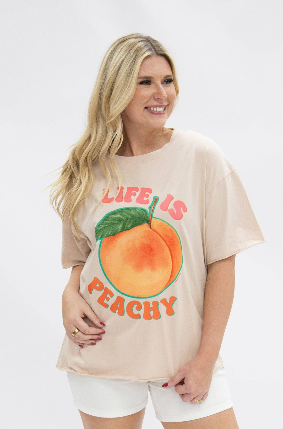 Grace+Emma-Life is Peachy on Beige Tee Shirt