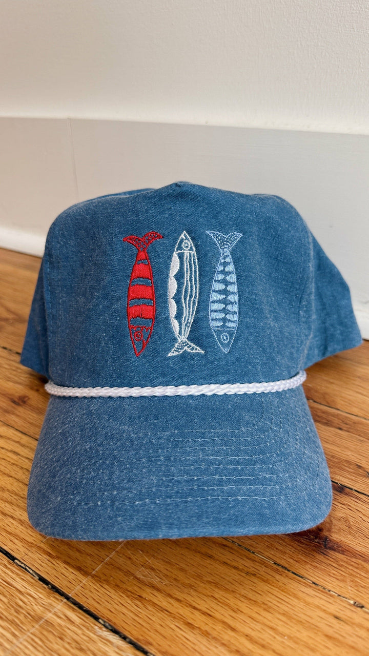 Sardine Hat: Cool blue hat | yellow orange + pink thread