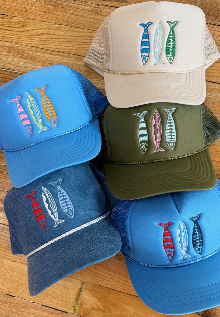 Sardine Hat: Cool blue hat | yellow orange + pink thread