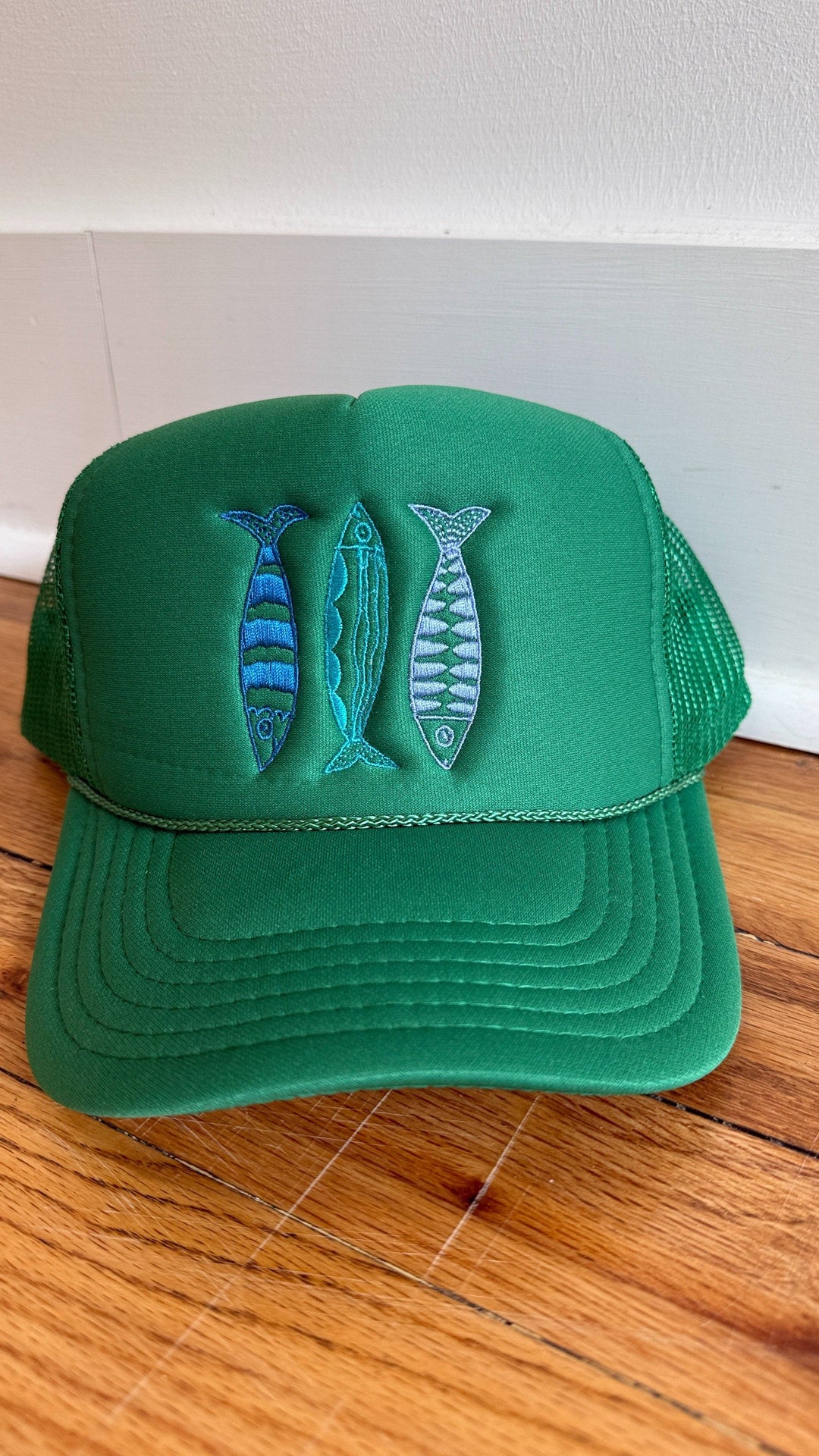 Sardine Hat: Cool blue hat | yellow orange + pink thread