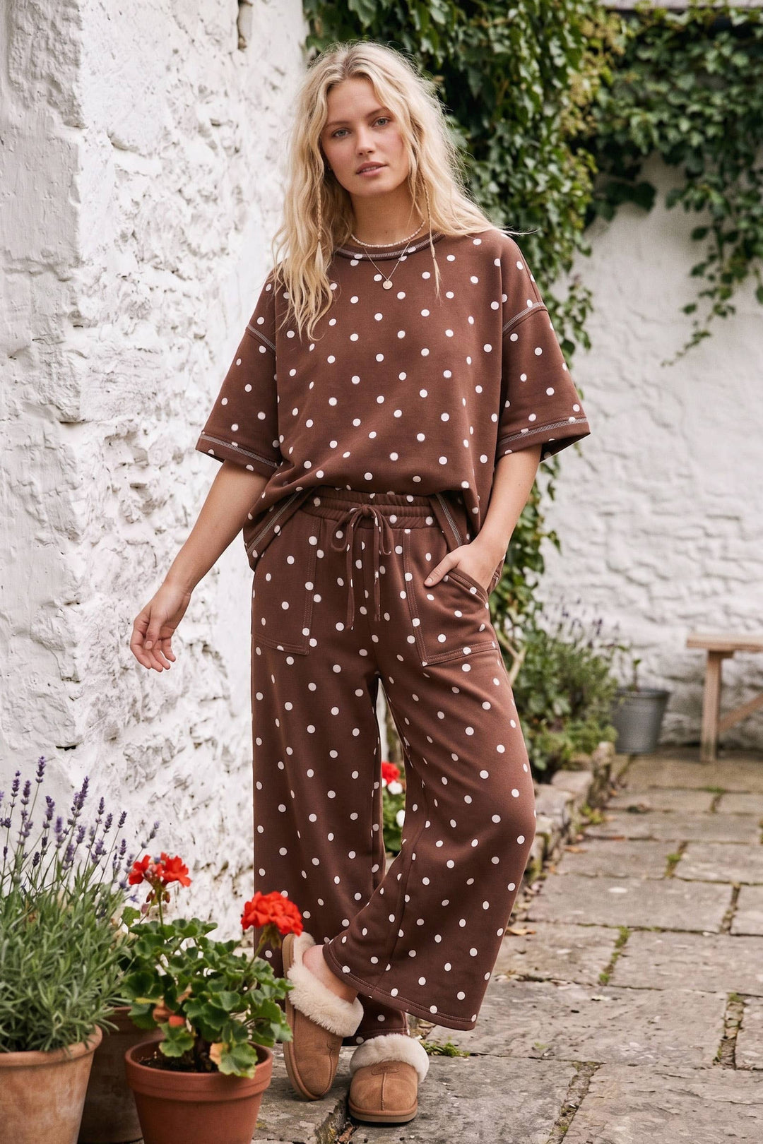 Sewn & Seen-(Original Design) Heavy Scuba Polka Dot Short Sleeve Set-Brown