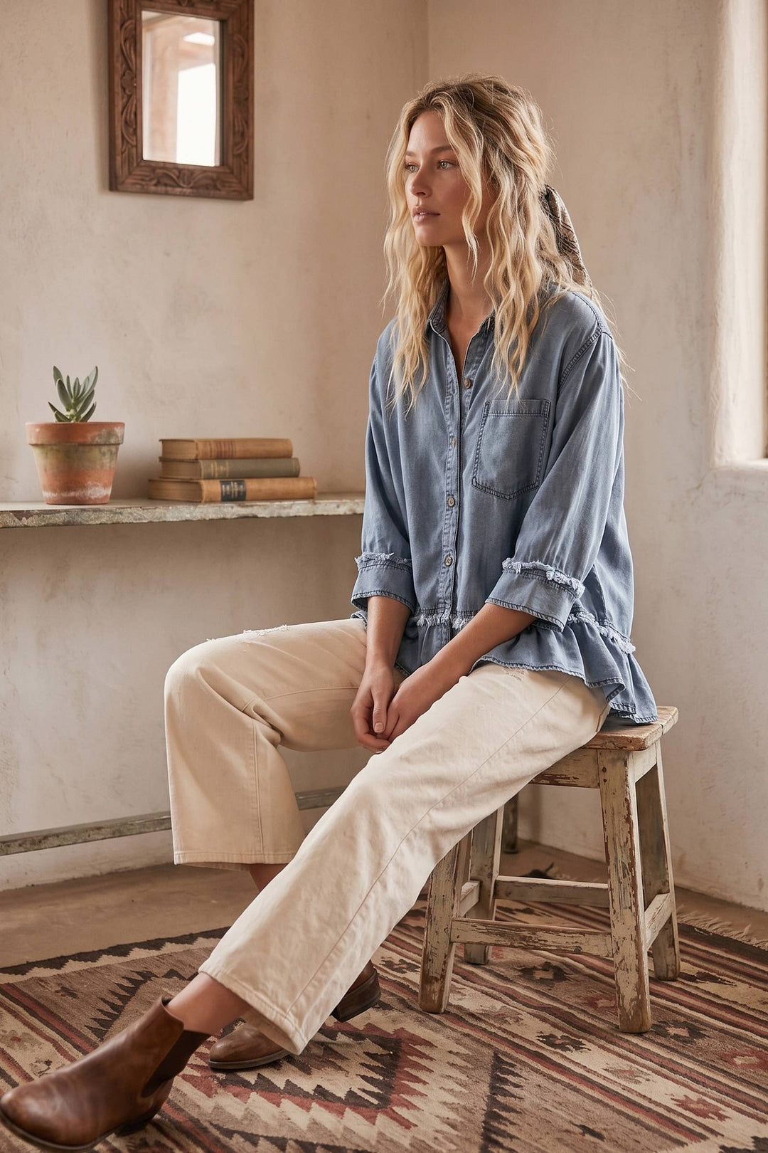 Sewn & Seen-Mineral Washed Tencel Ruffle Hem Shirt