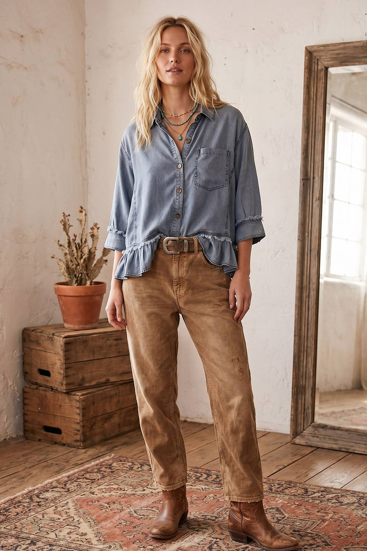 Sewn & Seen-Mineral Washed Tencel Ruffle Hem Shirt
