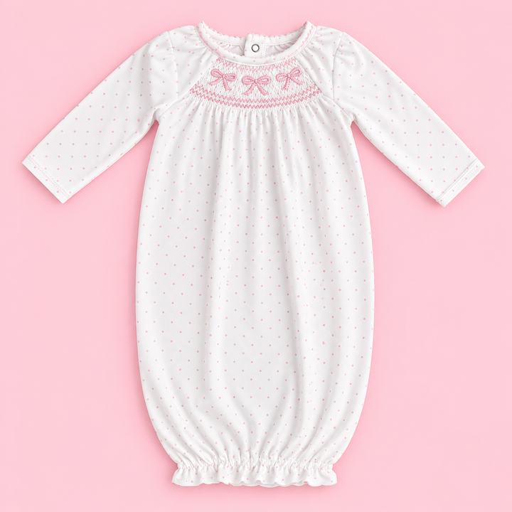 MudPie-Smocked Layette Gown-Pink Polka Dots-0-3 Months