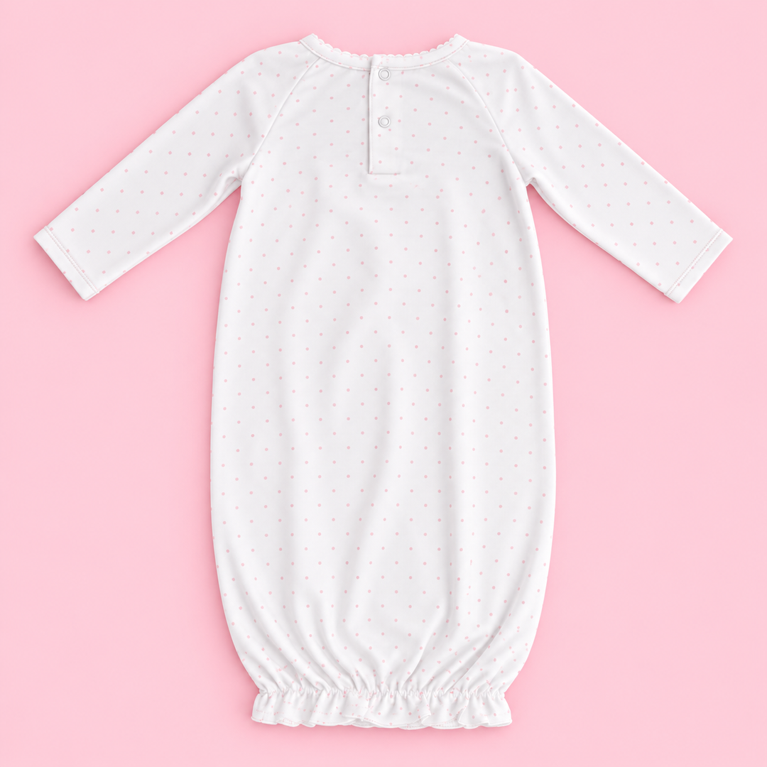 MudPie-Smocked Layette Gown-Pink Polka Dots-0-3 Months