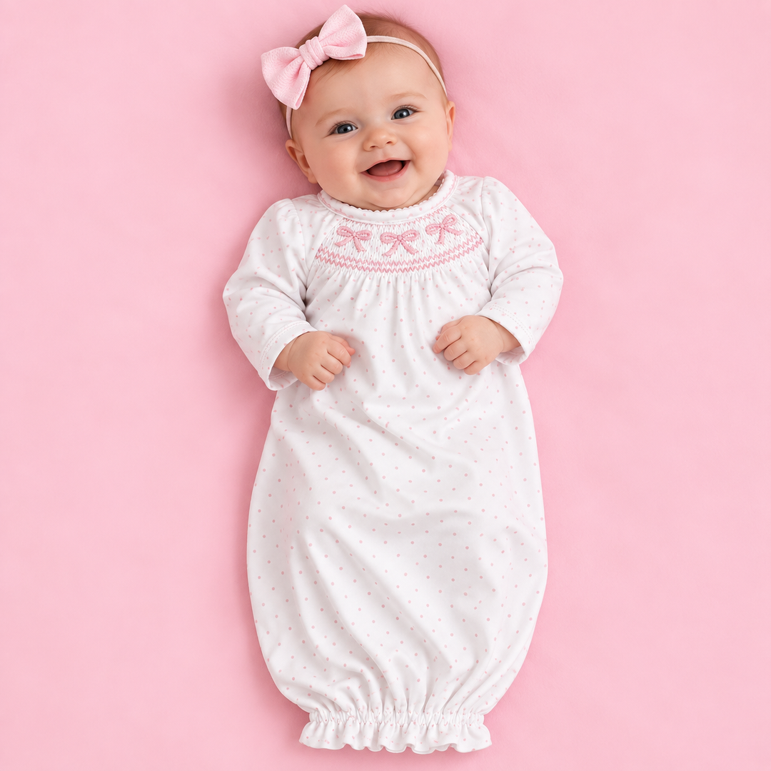 MudPie-Smocked Layette Gown-Pink Polka Dots-0-3 Months