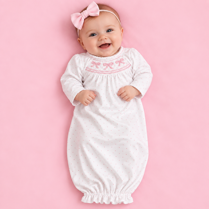MudPie-Smocked Layette Gown-Pink Polka Dots-0-3 Months