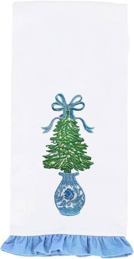 MARY SQUARE Tea Towel Ginger Jar Tree Embroidered (LH)