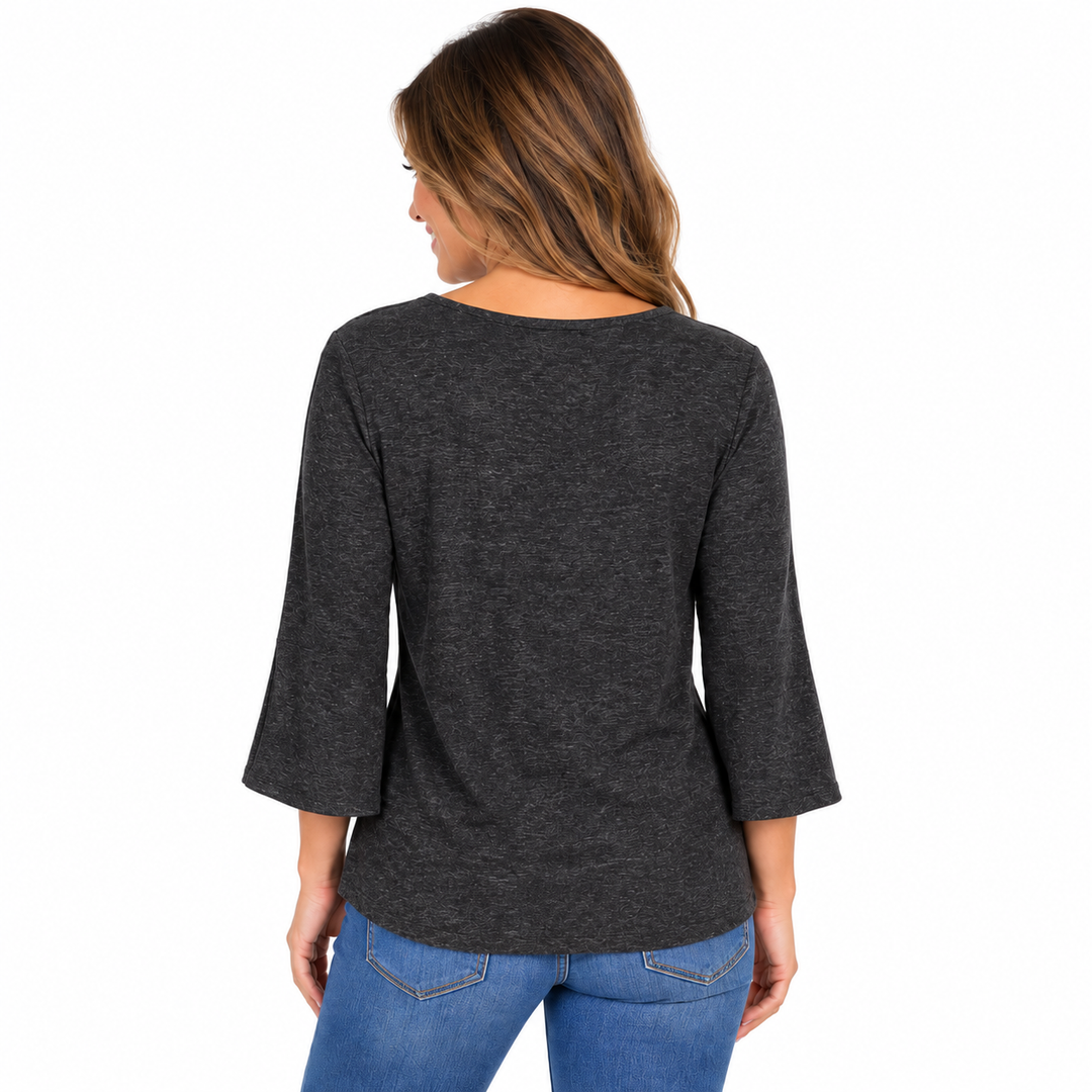 Coco+Carmen- Solar 3/4 Sleeve Top with Button Detail-Charcoal